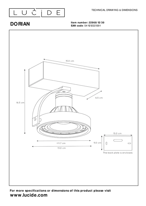 Lucide DORIAN - Spot plafond - Ø 11,7 cm - LED Dim to warm - GU10 (ES111) - 1x12W 2200K/3000K - Noir - technique